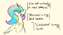 Size: 1800x1000 | Tagged: safe, artist:manicpanda, princess celestia, alicorn, pony, g4, dialogue, female, hoof on chest, mare, simple background, solo, talking to viewer, yellow background