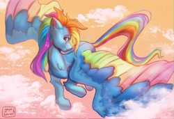 Size: 4096x2803 | Tagged: safe, artist:jaynsparkle, rainbow dash, pegasus, pony, g4, chest fluff, cloud, colored wings, colored wingtips, female, flying, g5 concept leak style, lidded eyes, looking at you, mare, multicolored wings, rainbow wings, smiling, solo, spread wings, wings