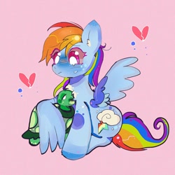 Size: 1250x1250 | Tagged: safe, artist:bug-roux, rainbow dash, tank, pegasus, pony, tortoise, g4, broken hearts, crying, cute, dashabetes, ear fluff, eye clipping through hair, female, heart, hug, one wing out, pink background, ponytober, simple background, sitting, white pupils, winghug, wings