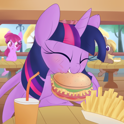 Size: 2400x2400 | Tagged: safe, artist:illusion, berry punch, berryshine, coco crusoe, twilight sparkle, alicorn, earth pony, pony, g4, season 4, twilight time, blushing, burger, cute, eating, female, food, french fries, high res, male, mare, messy eating, soda, stallion, that pony sure does love burgers, twiabetes, twilight burgkle, twilight sparkle (alicorn)