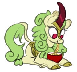 Size: 1578x1479 | Tagged: safe, artist:nonameorous, spring glow, kirin, g4, sounds of silence, bowl, food, green hair, looking down, noodle, noodle bowl, noodles, pink eyes, simple background, sitting, solo, transparent background