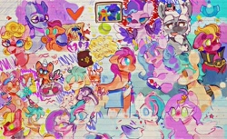 Size: 1024x625 | Tagged: safe, artist:bug-roux, alphabittle blossomforth, argyle starshine, hitch trailblazer, izzy moonbow, phyllis cloverleaf, pipp petals, queen haven, sprout cloverleaf, sunny starscout, zipp storm, crab, earth pony, pegasus, pony, unicorn, g5, ^^, adoraphyllis, ball, bracelet, cute, eye clipping through hair, eyes closed, female, glasses, hair over one eye, heart, horn, jewelry, lined paper, male, mare, open mouth, open smile, smiling, stallion, tennis ball, wimmelbilder, wings