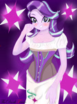 Size: 1280x1707 | Tagged: safe, artist:thedarktercio, starlight glimmer, human, equestria girls, g4, blushing, clothes, corset, cute, dress, eyebrows, female, glimmerbetes, grin, signature, smiling, solo, starry eyes, wingding eyes