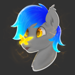 Size: 4050x4050 | Tagged: safe, artist:bellfa, oc, oc only, oc:wangeleon, butterfly, pony, :p, absurd resolution, blue hair, butterfly on nose, colored pupils, commission, ear fluff, ear tufts, gray, insect on nose, male, shining, simple background, solo, stallion, sticker, tongue out