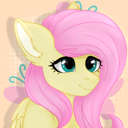 Size: 4050x4050 | Tagged: safe, artist:bellfa, fluttershy, pegasus, pony, g4, blue eyes, commission, cute, cutie mark background, daaaaaaaaaaaw, ear fluff, eyebrows, eyebrows visible through hair, eyelashes, feathered wings, female, folded wings, mare, original art, pink hair, shyabetes, smiling, solo, wings