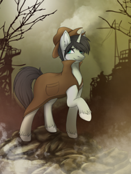 Size: 3096x4128 | Tagged: safe, artist:bellfa, oc, oc only, oc:jack rabbit, pony, unicorn, blue eyes, blurry background, cloak, clothes, cloud, commission, detective, ear fluff, eye clipping through hair, eyebrows, eyebrows visible through hair, eyelashes, full body, hat, horn, looking at you, male, moon, night, outdoors, raised hoof, raised leg, smiling, smiling at you, smirk, smoke, solo, stallion, unicorn oc, unshorn fetlocks, ych result