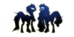 Size: 1701x851 | Tagged: safe, artist:cutesykill, izzy moonbow, sunny starscout, earth pony, pony, unicorn, g5, grin, looking at you, looking back, looking back at you, silhouette, simple background, smiling, stars, white background