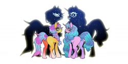 Size: 1701x851 | Tagged: safe, artist:cutesykill, izzy moonbow, sunny starscout, earth pony, pony, unicorn, g5, butt, grin, looking at you, looking back, looking back at you, plot, silhouette, simple background, smiling, stars, white background