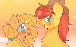 Size: 1024x635 | Tagged: safe, artist:bug-roux, bright mac, pear butter, earth pony, pony, g4, cowboy hat, duo, eye clipping through hair, female, hat, looking at each other, looking at someone, male, mare, ship:brightbutter, shipping, stallion, straight