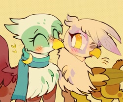 Size: 1024x853 | Tagged: safe, artist:bug-roux, gilda, greta, griffon, g4, ^^, blushing, cheek kiss, chest fluff, clothes, cute, duo, duo female, eyes closed, female, folded wings, grelda, heart, kissing, lesbian, looking at someone, one eye closed, scarf, shipping, simple background, wings, yellow background