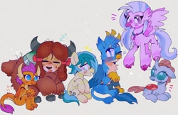 Size: 1556x1008 | Tagged: safe, artist:bug-roux, gallus, ocellus, sandbar, silverstream, smolder, yona, changedling, changeling, classical hippogriff, dragon, earth pony, griffon, hippogriff, pony, yak, g4, bow, cloven hooves, colored hooves, dragoness, eyes closed, female, flying, folded wings, hair bow, implied gallbar, implied gay, implied shipping, jewelry, looking at someone, lying down, male, monkey swings, necklace, one eye closed, onomatopoeia, prone, simple background, sitting, sleeping, sound effects, stallion, student six, teenager, white background, wings, wink, zzz