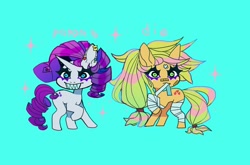Size: 1134x747 | Tagged: safe, artist:batthsalts, applejack, rarity, earth pony, pony, unicorn, bandage, blue background, chibi, cyan background, ear piercing, earring, grin, jewelry, mouth hold, piercing, sharp teeth, simple background, smiling, sparkles, teeth