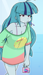 Size: 740x1280 | Tagged: safe, artist:batipin, sonata dusk, human, equestria girls, g4, bra, breasts, butt scratch, cleavage, clothes, eyebrows, eyebrows visible through hair, female, loose fitting clothes, loose hair, mug, solo, tired, toothbrush, underwear