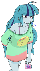Size: 744x1324 | Tagged: safe, artist:batipin, sonata dusk, human, equestria girls, g4, bra, breasts, butt scratch, cleavage, clothes, eyebrows, eyebrows visible through hair, female, loose fitting clothes, loose hair, mug, simple background, solo, tired, toothbrush, transparent background, underwear