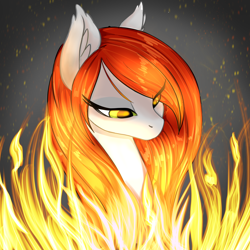 Size: 4050x4050 | Tagged: source needed, useless source url, safe, artist:bellfa, oc, oc only, anthro, absurd resolution, anthro oc, brown eyes, burning, bust, ear fluff, ear tufts, eye clipping through hair, eyelashes, eyeshadow, female, fire, gradient hair, lidded eyes, makeup, mare, original art, passion, portrait, solo