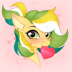 Size: 4050x4050 | Tagged: source needed, useless source url, safe, artist:bellfa, oc, oc only, oc:shine byte, pony, abstract background, absurd resolution, blushing, bust, ear fluff, ear piercing, embarrassed, eye clipping through hair, eyebrows, eyebrows visible through hair, eyelashes, female, gradient eyes, green hair, heart, looking at you, love, loving gaze, mare, original art, piercing, ponytail, portrait, smiling, smiling at you, solo, yellow hair