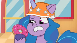 Size: 3410x1920 | Tagged: safe, screencap, izzy moonbow, pony, unicorn, dumpster diving, g5, my little pony: tell your tale, spoiler:g5, spoiler:my little pony: tell your tale, spoiler:tyts01e13, donut, female, food, helmet, high res, mare, solo