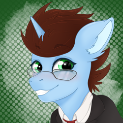 Size: 4050x4050 | Tagged: safe, artist:bellfa, oc, oc only, oc:coda, pony, unicorn, abstract background, absurd resolution, blazer, blushing, brown hair, bust, clothes, commission, ear fluff, eyebrows, eyebrows visible through hair, glasses, green eyes, grin, horn, looking at you, male, necktie, portrait, shirt, smiling, smiling at you, solo, stallion, suit, unicorn oc, ych result