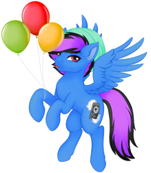Size: 2783x3179 | Tagged: safe, alternate version, artist:bellfa, oc, oc only, pegasus, pony, :p, balloon, beanie, commission, ear fluff, eyelashes, feathered wings, full body, hat, high res, looking at you, male, original art, pink eyes, purple hair, raised leg, simple background, smiling, smiling at you, solo, spread wings, stallion, standing, tongue out, white background, wings, ych result