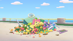 Size: 3410x1920 | Tagged: safe, screencap, posey bloom, earth pony, pony, dumpster diving, g5, my little pony: tell your tale, spoiler:g5, spoiler:my little pony: tell your tale, spoiler:tyts01e13, circling stars, dizzy, female, flower, high res, mare, open mouth, posey can't catch a break, solo
