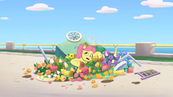 Size: 3410x1920 | Tagged: safe, screencap, posey bloom, earth pony, pony, dumpster diving, g5, my little pony: tell your tale, spoiler:g5, spoiler:my little pony: tell your tale, circling stars, dizzy, female, flower, high res, mare, open mouth, posey can't catch a break, solo