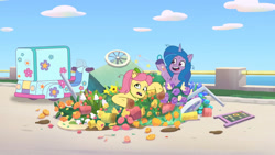 Size: 3410x1920 | Tagged: safe, screencap, izzy moonbow, posey bloom, earth pony, pony, unicorn, dumpster diving, g5, my little pony: tell your tale, spoiler:g5, spoiler:my little pony: tell your tale, spoiler:tyts01e13, circling stars, dizzy, duo, female, flower, high res, mare, motorcycle, open mouth, open smile, posey can't catch a break, smiling