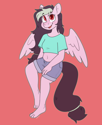 Size: 3170x3881 | Tagged: safe, artist:retromochi, oc, oc:galactic lights, pegasus, anthro, plantigrade anthro, barefoot, belly button, clothes, feet, happy, high res, midriff, pegasus oc, short shirt, shorts, smiling, solo, toes, wings