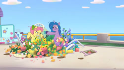 Size: 3410x1920 | Tagged: safe, screencap, izzy moonbow, posey bloom, earth pony, pony, unicorn, dumpster diving, g5, my little pony: tell your tale, spoiler:g5, spoiler:my little pony: tell your tale, spoiler:tyts01e13, angry, duo, female, flower, high res, mare, motorcycle, posey can't catch a break, smiling