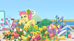 Size: 3410x1920 | Tagged: safe, screencap, posey bloom, earth pony, pony, dumpster diving, g5, my little pony: tell your tale, spoiler:g5, spoiler:my little pony: tell your tale, spoiler:tyts01e13, angry, bow, female, flower, gritted teeth, hair bow, high res, jewelry, mare, motorcycle, necklace, ponytail, posey can't catch a break, solo, teeth