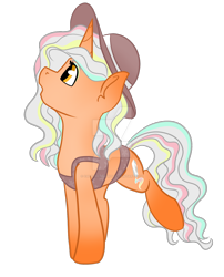 Size: 1280x1585 | Tagged: safe, artist:cadetredshirt, oc, oc only, pony, unicorn, adoptable, bikini, bikini bottom, bikini top, clothes, colored, digital art, ear fluff, female, for sale, golden eyes, hat, horn, looking up, mare, multicolored hair, multicolored mane, multicolored tail, orange coat, png, raised hoof, raised leg, simple background, solo, sun hat, sunburn, swimsuit, tail, transparent background, unicorn horn, unicorn oc, watermark, wavy hair, wavy mane, wavy tail