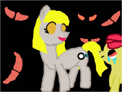 Size: 602x452 | Tagged: safe, apple bloom, oc, oc:ruby, oc:ruby (story of the blanks), earth pony, ghost, ghost pony, pony, undead, zombie, zombie pony, story of the blanks, g4, black background, crying, darkness, eyes in the dark, female, filly, foal, glowing, glowing eyes, looking at each other, looking at someone, mare, red eyes, sad, simple background, smiling