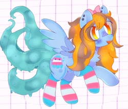 Size: 1024x867 | Tagged: safe, artist:bug-roux, oc, oc only, pegasus, pony, bow, clothes, commission, ear piercing, earring, eye clipping through hair, female, hair bow, jewelry, mare, piercing, pride, pride flag, pride socks, socks, solo, striped socks, tentacles, transgender pride flag, wings