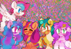 Size: 1280x887 | Tagged: safe, artist:bug-roux, hitch trailblazer, izzy moonbow, pipp petals, sunny starscout, zipp storm, earth pony, pegasus, pony, unicorn, g5, eye clipping through hair, eyes closed, female, horn, looking at someone, male, mane five, mare, one eye closed, stallion, wings, wink