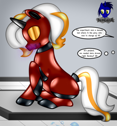 Size: 3840x4154 | Tagged: safe, artist:damlanil, oc, oc:sunday cream, latex pony, original species, pony, unicorn, series:becoming drone, bdsm, bondage, boots, close-up, clothes, collar, comic, commission, damlanil's lab, encasement, female, flask, gas mask, horn, laboratory, latex, latex boots, living latex, mare, mask, mind control, restrained, rubber, rubber drone, rubber suit, shiny, shiny mane, shoes, show accurate, speech bubble, story, story included, tail, tail hole, text, transformation, vector