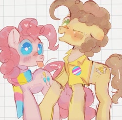 Size: 1024x1007 | Tagged: safe, artist:bug-roux, cheese sandwich, pinkie pie, earth pony, pony, g4, clothes, duo, female, gender headcanon, looking at you, male, mare, one eye closed, pansexual pride flag, pride, pride flag, scarf, ship:cheesepie, shipping, simple background, stallion, straight, striped scarf, tongue out, transgender pride flag, white background, wink, winking at you