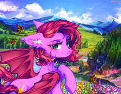 Size: 1965x1534 | Tagged: safe, artist:amaura_artess, oc, oc only, oc:cheery bell, bat pony, butterfly, bat pony oc, chest fluff, commission, ear fluff, forest, mountain, mountain range, scenery, solo, ych result