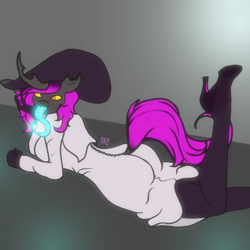 Size: 3000x3000 | Tagged: safe, artist:umbrapone, oc, oc:blitzy, changeling, anthro, changeling oc, clothes, dress, gloves, glowing, glowing tongue, high heels, high res, long tongue, shoes, solo, tongue out