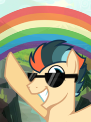 Size: 3072x4096 | Tagged: safe, rainbow dash, oc, oc only, oc:turbo swifter, pegasus, pony, g4, blurred, blurry background, glasses, looking at you, male, pegasus oc, pointing, pride month, rainbow, selfie, smiling, smirk, speed trail, stallion, sunglasses