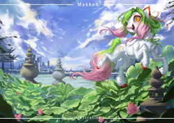 Size: 1280x906 | Tagged: dead source, safe, artist:makkah, oc, oc only, earth pony, pony, city, cityscape, cloud, detailed background, flower, lotus (flower), scenery, solo