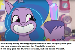 Size: 840x578 | Tagged: safe, screencap, izzy moonbow, posey bloom, pony, unicorn, dumpster diving, g5, my little pony: tell your tale, spoiler:g5, spoiler:my little pony: tell your tale, spoiler:tyts01e13, bracelet, friendship bracelet, implied murder, implied posey bloom, jewelry, meme, ponestrip, posey can't catch a break, smiling, solo, the elder scrolls