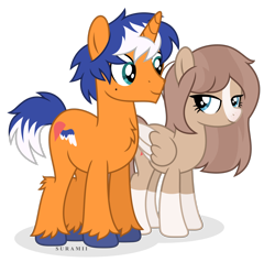 Size: 2508x2391 | Tagged: safe, artist:suramii, oc, oc only, oc:lovebird, oc:sweet point, pegasus, pony, unicorn, beauty mark, blaze (coat marking), chest fluff, coat markings, colored wings, duo, duo male and female, facial markings, female, folded wings, high res, hooves, horn, leg fluff, lidded eyes, male, mare, pegasus oc, shadow, show accurate, signature, simple background, smiling, socks (coat markings), stallion, standing, tail, transparent background, two toned mane, two toned tail, two toned wings, unicorn oc, unshorn fetlocks, wings