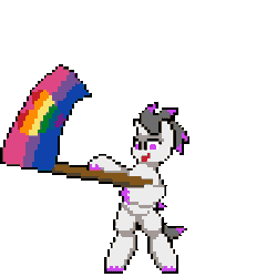 Size: 384x384 | Tagged: safe, artist:bitassembly, part of a set, oc, oc only, oc:haze rad, pony, unicorn, animated, bipedal, bisexual pride flag, bitassembly's flag ponies, colored hooves, commission, flag waving, gif, highlights, holding a flag, horn, loop, male, open mouth, open smile, pixel art, pride, pride flag, purple eyes, simple background, smiling, solo, stallion, transparent background, unicorn oc, unshorn fetlocks, ych result