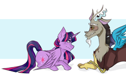 Size: 1280x798 | Tagged: safe, artist:elvensnowart, part of a set, discord, twilight sparkle, alicorn, draconequus, pony, g4, clothes, duo, duo male and female, ear fluff, eye contact, female, folded wings, horn, looking at each other, looking at someone, lying down, male, mare, prone, ship:discolight, shipping, simple background, straight, tail, twilight sparkle (alicorn), wings