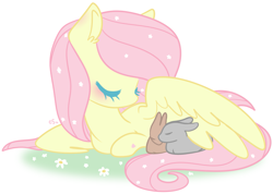 Size: 1981x1413 | Tagged: safe, artist:cutiesparke, fluttershy, pegasus, pony, rabbit, animal, blushing, cute, eyes closed, female, flower, flower in hair, grass, hoof heart, lying down, mare, partially open wings, shyabetes, simple background, sleeping, solo, white background, wings