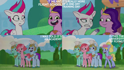 Size: 1280x720 | Tagged: safe, edit, edited screencap, editor:quoterific, screencap, fifi (g5), pipp petals, thunder flap, windy, zipp storm, zoom zephyrwing, pegasus, pony, g5, my little pony: tell your tale, zipp's flight school, spoiler:g5, spoiler:my little pony: tell your tale, spoiler:tyts01e02, annoyed, clarification, coat markings, female, frown, gritted teeth, gruff, guardsmare, headband, helmet, hooves together, jewelry, looking at each other, looking at someone, male, mare, open mouth, open smile, pegasus royal guard, regalia, royal guard, royal sisters (g5), siblings, sisters, smiling, socks (coat markings), stallion, teeth, text, visor