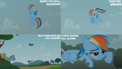 Size: 1280x720 | Tagged: safe, edit, edited screencap, editor:quoterific, screencap, rainbow dash, pegasus, pony, g4, season 2, the mysterious mare do well, betrayed, eyes closed, female, flying, mare, open mouth, open smile, smiling, solo, spread wings, text, wings