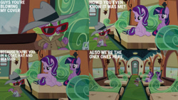 Size: 1280x720 | Tagged: safe, edit, edited screencap, editor:quoterific, screencap, spike, starlight glimmer, twilight sparkle, alicorn, dragon, pony, unicorn, g4, season 6, the times they are a changeling, female, friendship express, male, mare, open mouth, smiling, sunglasses, text, train, trio, twilight sparkle (alicorn)