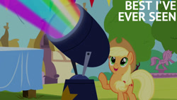 Size: 1280x720 | Tagged: safe, edit, edited screencap, editor:quoterific, screencap, applejack, earth pony, pony, g4, pinkie pride, season 4, applejack's hat, cowboy hat, female, hat, mare, open mouth, open smile, rainbow, smiling, solo, statue, text