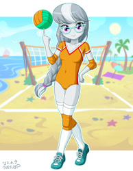 Size: 1000x1287 | Tagged: safe, artist:uotapo, silver spoon, equestria girls, ball, beach, clothes, cute, female, gameloft interpretation, glasses, knee pads, leotard, sand, shoes, silverbetes, sneakers, socks, solo, sports, summer, sun, tree, volleyball, volleyball net