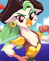 Size: 2048x2560 | Tagged: safe, artist:whitequartztheartist, captain celaeno, ornithian, anthro, g4, high res, ocean, pirate, simple background, sword, water, weapon